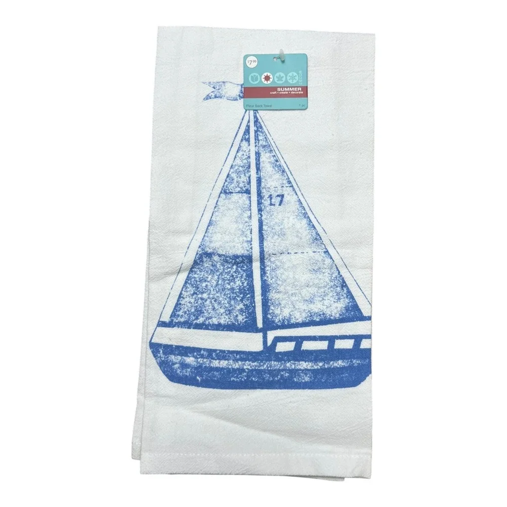 Jo-Ann Summer Flour Sack Towel Set of 2 White Blue Sailboat New NWT Coastal‎